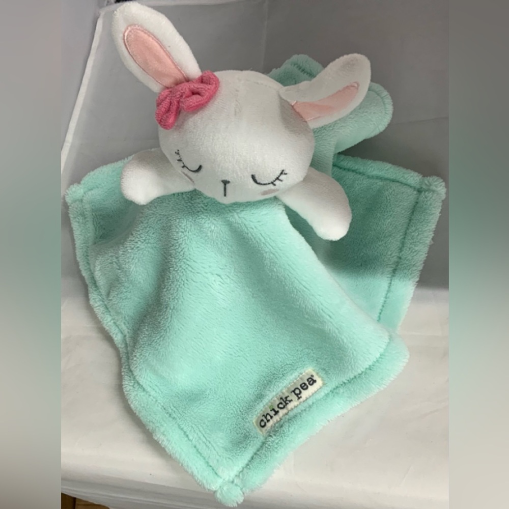 Chick Pea Bunny Rabbit Aqua Green Plush Baby Pink Bow Security Blanket Lovey Toy